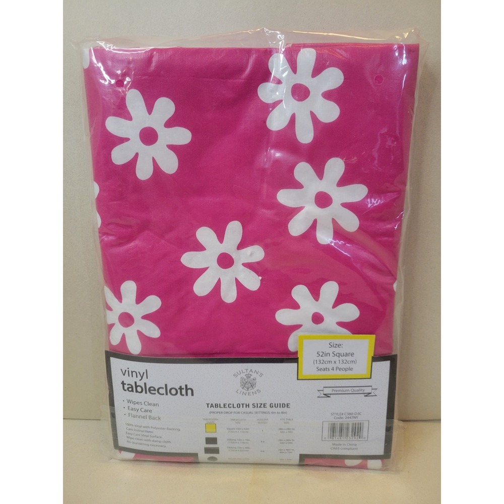 Sultans Linens Vinyl Tablecloth 52x52 Square Pink White Daisy Floral Table Cover